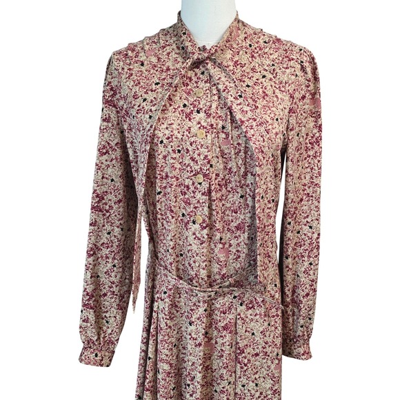Margaret Selection Paris vintage‎ 80 Floral Print Midi Dress Belted Long Sleeve - Picture 3 of 12